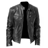 Gros-PU Veste En Cuir Hiver Vintage Noir Fermeture Éclair Mâle Moto Bomber Veste Streetwear Poche Col Montant Hommes Manteau En Cuir