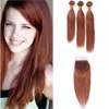 Kopparröd Virgin Hair Closure med buntar # 33 Mörk Auburn Peruvian Straight Human Hair Weaves Reddish Brown 3 buntar med spetslåsning