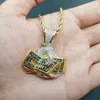 Neue Iced Out Hand mit Geld-Dollar-Gold-Anhänger-Halskette mit Seilkette, kubischer Zirkon, Herren-Hip-Hop-Rock-Schmuck