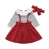 女の赤ちゃんの夏の服セットガールズストライプTシャツサスペンダースカートスカートボウヘアバンド3pc