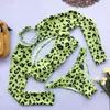 Leopardmönster Bikinis Sexig Backless Tre-Piece Swimwear Suit Ny Långärmad Rosa Neon Green Bikini Baddräkt Kvinna