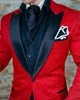 Skräddarsydda män kostymer rött mönster och svart brudgummen smoking sjal satin lapel groomsmen bröllop prom man jacka byxor bow tie226s