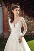 2019 Scoop Neck Lace A Line Wedding Dresses Sheer Long Sleeves Tulle Lace Applique Backless Sweep Train Wedding Bridal Gowns With Buttons