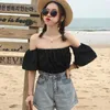 Kvinnors T-shirt T-shirts Kvinnors Sommar Slash Neck Off Shoulder Solid Sexig Chic Loose All-Match Crop Tops Elastic Girlish Fairy White