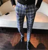 Moda męska Mężczyźni Ubierają Pant Plaid Business Casual Slim Fit Homme Klasyczne Rocznika Sprawdź Spodnie Garniturowe Spodnie Ślubne