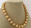 Nya fina pärl smycken vacker stor 13-15mm South Sea Round Gold Pearl Necklace 18inch