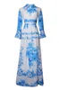 Damskie sukienki startowe Wyłącz Kołnierz Długie Rękawy Flare Floral Printed High Street Casual Maxi Sukienki