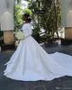 New Design White Church Long Sleeve Wedding Dresses Vintage Beteau Neckline Satin Sweep Train Formal Bridal Gowns African Vestidos De Novia 0430