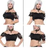 Femme Crop Top Grandes Tailles S-6XL Lolita Dentelle Maille Rose Floral Manches Courtes Costume Court Corset Haut Chemisier Chemise Encolure dégagée Noir Blanc