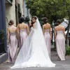 Sexy Dusty Pink 2020 Abiti da damigella d'onore Lungo Sweetheart Backless Invitato a un matrimonio Prom Dress Lunghezza del pavimento Increspato Abiti da damigella d'onore