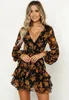 Günlük Elbiseler Kadınlar Uzun Kollu Katmanlı Moda V Yaka Çiçek Baskı Elbise İlkbahar ve Sonbahar Giysileri Fransız Elegance Seksi Midi Dresse S-3X