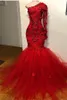 One Shoulder Red Prom Dresses Long Sleeves Handmade Flowers Newest Mermaid Lace Applique Beaded Formal Evening Party Gowns