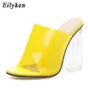 ELYKEN mulheres chinelos roxo amarelo pvc cristal quadrado salto transparente claro saltos de verão sandálias sandálias tamanho 42