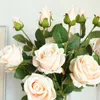 7Pcs/lot Flannel Pearl Rose Artificial Flower Decoration Wedding Background Plant Wall 3 Heads Rose Fake Flowers Home Decoration Bouquet