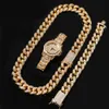2cm Zircon Guldfärg Iced Out Crystal Miami Kubansk Kedja Guld Silver Halsband Armband Klock Set Hot Säljer Hip Hop King