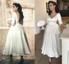 Ucuz Basit Vintage Çay uzunlukta 1920'ler Gelinlik 3/4 Kol V yaka Leke Backless Gelinlik Gelin Kıyafeti Robe De Mariee vestidos