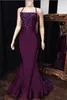 Puple Halter Saten Mermaid Uzun Gelinlik Modelleri 2020 Sequins Aplike Backless Criss Çapraz Tren Örgün akşam parti önlük Sweep