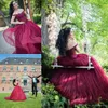 New Designer Burgundy Ball Gown Wedding Dresses Lace Appliques Off Shoulder Tiered Tulle Sweep Train Long Wedding Dress Birdal Gowns