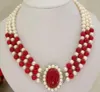 necklace Free shipping ++classic 3rows 7--8mm round white freshwater pearls red bead necklace