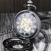 Steampunk Antique Black Gold Bronze Pocket Watch szkieletowe ręczne zegarki mechaniczne męskie damskie zegar łańcucha wisienia