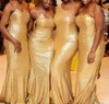 Guld Sequined Bridesmaid Dresses 2019 Svarta tjejer Sommarland Trädgård Formell Bröllopsfest Guest Main of Honor Gowns Plus Size Custom Mad