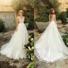 Two Piece A Line Wedding Dresses Sheer Neck Long Illusion Sleeve Lace Applique See Through Back Bridal Gowns Sweep Train Wedding Dress