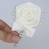 Ivory Cream Satin Flower Groom Boutonniere Bow Tie Pearl Beads Bride Wedding Dress Corsage Pin Brooch for Man Suit