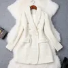 Runway 2019 Designer Blazer Women's Double Breasted Metal Button Long Sleeve Notched Collar Jacket Wool Blends Tweed Blazer Coat