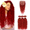 Peruvian Human Hair Red Water Wave 3Bundles with Closure Bright Red Wet and Wavy Virgin Hair Lace Closure Piece 4x4 with Weave Wefts