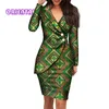 Herbst Afrikanische Kleider für Frauen Mode Büro Stil V-ausschnitt Langarm Midi Kleid Bazin Riche Afrikanische Druck Kleidung WY4052