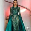 2020 Emerald Green Long Sleeves Mermaid Evening Dress with Detachable Train Abaya Kaftan Dubai Muslim Prom Dress robe de soiree BC2230