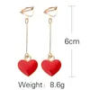 Length 6cm Clip Earrings Gold Silver Black Red Long Heart Pendent Clip On No Pierced Women Fashion Earrings Charm Jewelry Eardrop