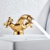 Gold Bidet Basin Faucet Dual Handles Water Bathroom Sink Brass Single Hole Deck Mounted Water Mixer Tap