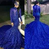 Luxe Royal Blue Black Girls Mermaid Prom Jurken Hoge Hals Lange Mouwen Beaded Handgemaakte Bloemen Formele Jurk Avond Feestjurken