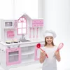 Kids Wood Kitchen Toy Cooking Pretend Play Set Toddler Wooden Playset with Kitchenware Pink