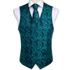 Snabb leverans Mäns Klassisk Grön Solid Paisley Silk Jacquard Waistcoat Vest Handkerchief Manschettknappar Party Wedding Tie Vest Suit Set MJ-0107