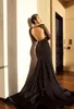 Sexy Black High Slit Mermaid Evening Dresses 2018 With Gold Appliques Long Sleeve Deep V Neck Backless Long Formal Prom Party Gowns Arabic