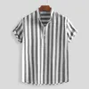 Mens Shirt Striped Cotton Linen Summer Blouse Male Tops Stand Collar Loose Short Sleeve Casual Buttons Shirt Baggy Retro Camisa