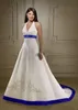 Vintage White And Royal Blue Satin Beach Wedding Gowns Strapless Embroidery Chapel Train Corset Custom Made Bridal Wedding Dress