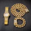 Nieuwe Mode Gepersonaliseerde 20mm Gold Blingbling Mens Cubaanse Link Collier Armband Horloge Set Hip Hop Rapper Sieraden Geschenken voor Mannen Jongens