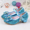 Spring Kids Girls Shoes High Heels For Party Sequined Blue Pink Sandals Ankle Strap Snow Queen Children Girls Shoes