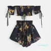 Hurtownie-lato boho kwiatowy druk bikini zestaw Slash szyi przycięty top + spodenki sprężyste plaża styl kobiety kąpielowe kostium kąpielowy Dwa kawałki zestaw
