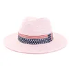 Été papier paille large bord chapeaux de soleil hommes femmes Style britannique Jazz Fedora chapeau de plage Cowboy chapeau de soleil avec ruban drapeau américain
