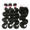 Bundles brésiliens de vague de corps 3/4 avec fermeture à lacet Couleur naturelle Fermeture brésilienne de cheveux humains non transformés 4x4 Extensions de cheveux humains