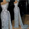 Afrikansk Silver Mermaid Prom Klänningar Sequined One Shoulder Backless High Side Split Party Dress Special Occasion Dress Evening Gowns