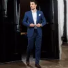 패션 블루 신랑 턱시도 어깨 걸이 옷깃 신랑 들러리 웨딩 턱시도 인기있는 남성 공식 블레이져 댄스 파티 용 의복 (Jacket + Pants + Tie) 1592