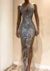 2019 Nigeriaanse Sexy Zilveren Pailletten Kralen Mermaid Formele Galajurken Custom Made Mouwloze Sheer Neck Side Split Pageant Party Go313Y