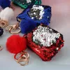 Girls Mini Sequin Key Chain Coin Purses With Cute Plush Ball Mermaid Sequin Glitter Zipper Earphone Wallet Gifts