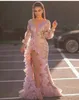 Sparkly Aso Ebi Mermaid Avondjurk Gouden Pailletten Applicaties Lange Mouw Prom Jurk Ruches Side Split Formal Party Jurken Robe de Soiree