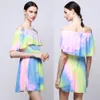 New Style Women's Summer Dresses Ladies Slash Neck Colorful Casual Short Ruffles Sleeve Sun Short Mini Dress Fashion Hot 2019